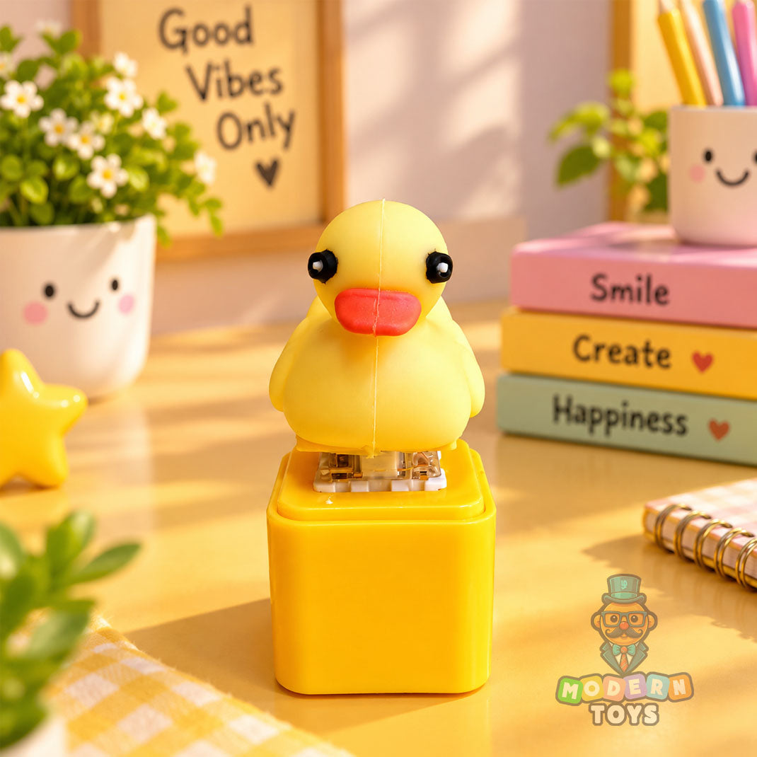 Cute yellow duck sound keychain with colorful LED lights on an orange base – Modern Toys.
