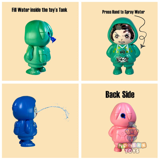 Instructions for using a toy with water features on a beige background