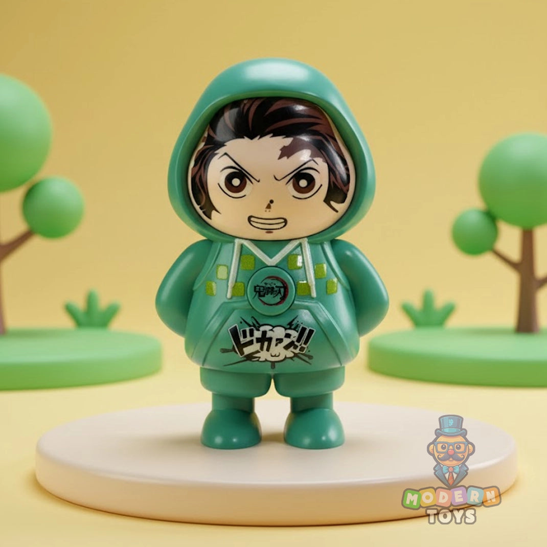 Toy figure in a green outfit with a stylized background, featuring the brand 'Modern Toys'.