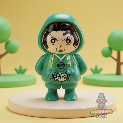 Toy figure in a green outfit with a stylized background, featuring the brand 'Modern Toys'.